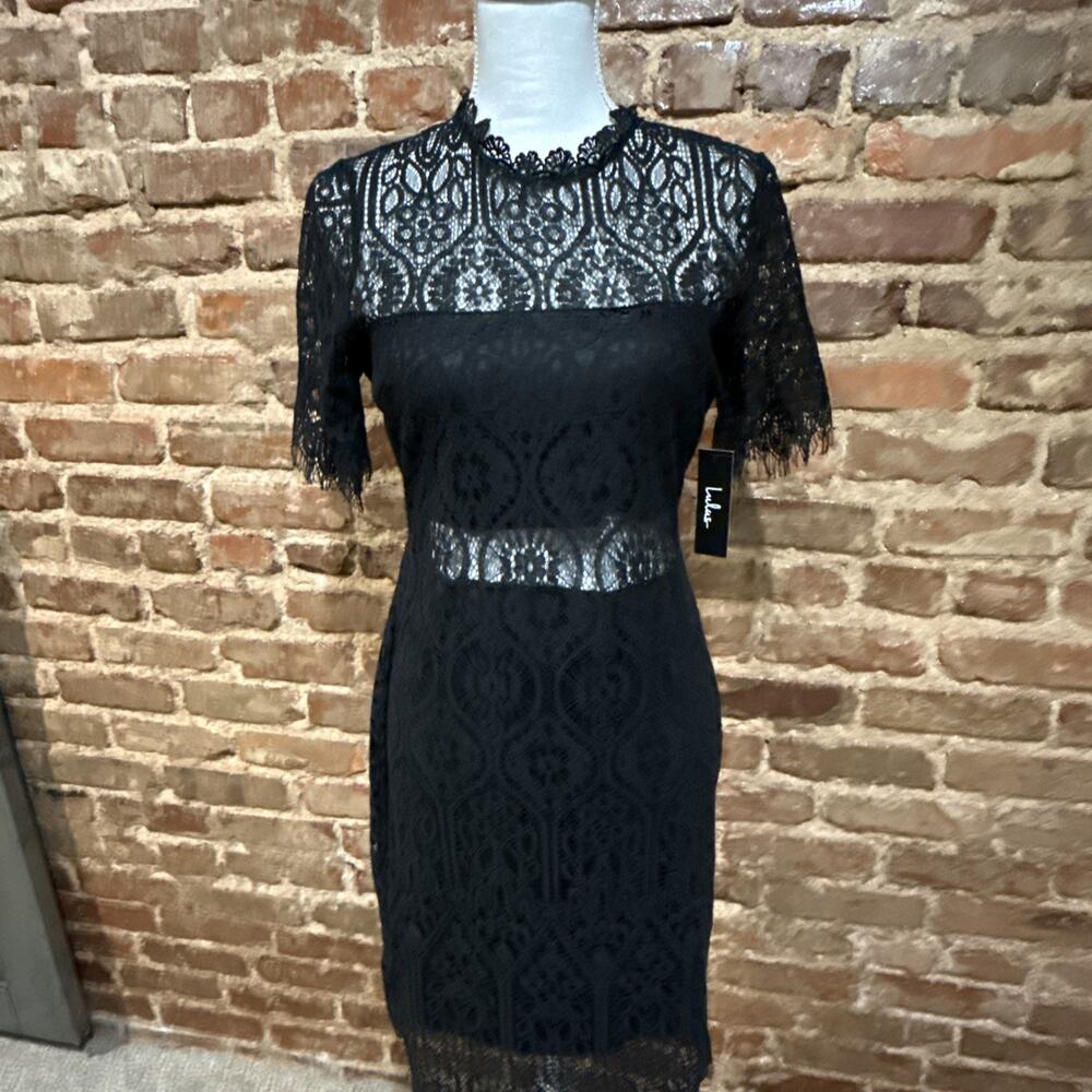 Lulus NWT Remarkable Black Sheer Lace Lined Dress Sz L Goth Coquette